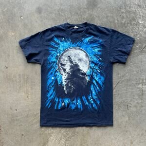 Vtg Mystic Wolf Howling Moon T-Shirt Men's M Blue Gildan Nature Art Tee Y2K